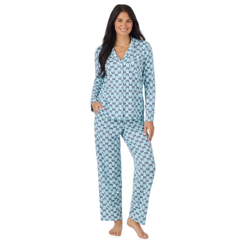 A lady wearing Cotton-Blend Long Sleeve Notch Collar with Long Pant Pajama Set in Elephant looking front