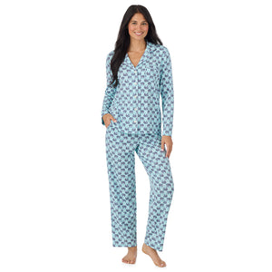A lady wearing Cotton-Blend Long Sleeve Notch Collar with Long Pant Pajama Set in Elephant looking front