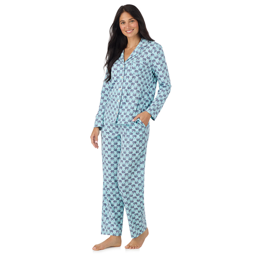A lady wearing Cotton-Blend Long Sleeve Notch Collar with Long Pant Pajama Set in Elephant