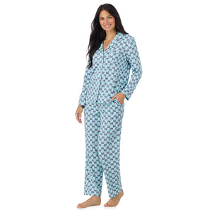A lady wearing Cotton-Blend Long Sleeve Notch Collar with Long Pant Pajama Set in Elephant 