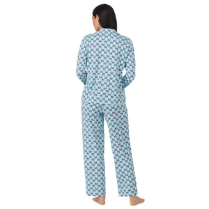 A lady wearing Cotton-Blend Long Sleeve Notch Collar with Long Pant Pajama Set in Elephant back view