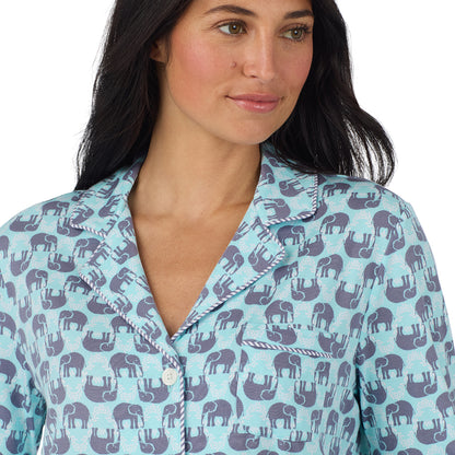 A lady wearing Cotton-Blend Long Sleeve Notch Collar with Long Pant Pajama Set Elephant closer look