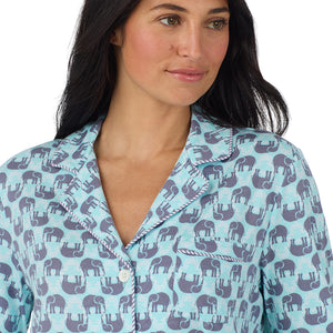 A lady wearing Cotton-Blend Long Sleeve Notch Collar with Long Pant Pajama Set in Elephant closer look