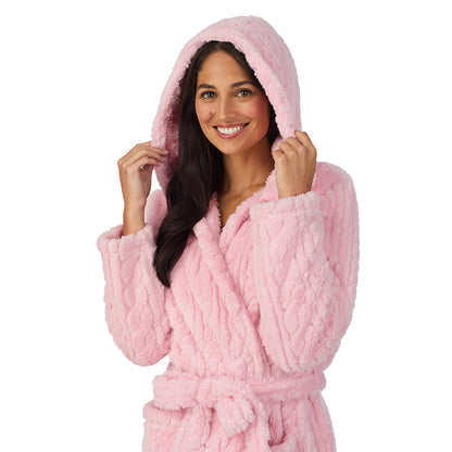 A lady wearing Cable Jacquard Sherpa Wrap Robe with Hood