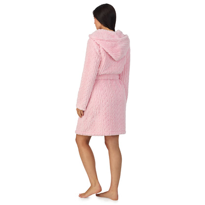 A lady wearing Cable Jacquard Sherpa Wrap Robe with Hood