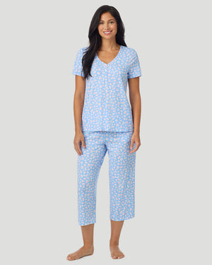Cotton-Blend Short Sleeve Top With Cropped Pant Pajama Set