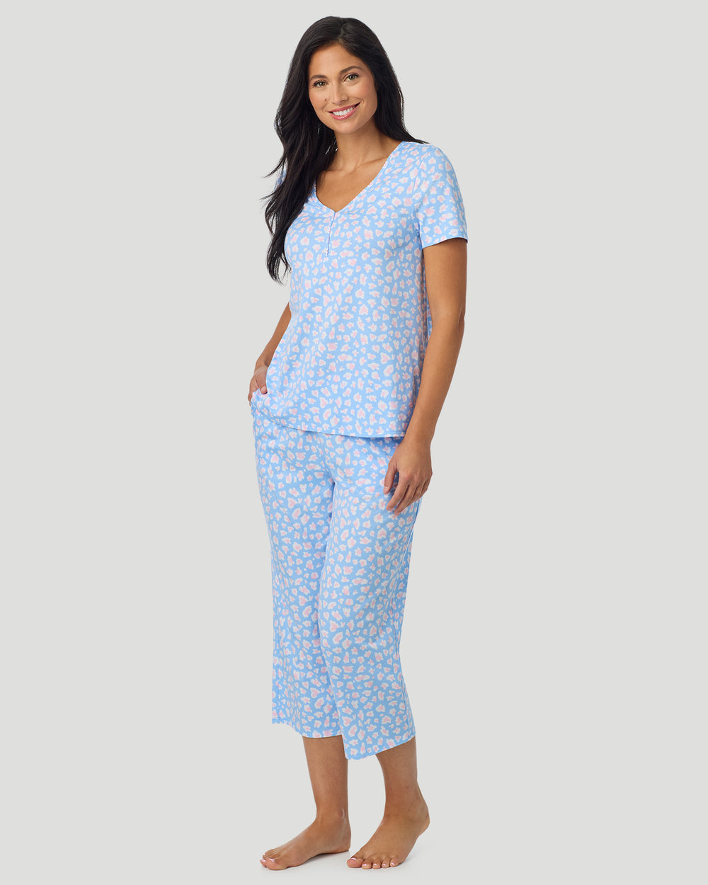Cotton-Blend Short Sleeve Top With Cropped Pant Pajama Set