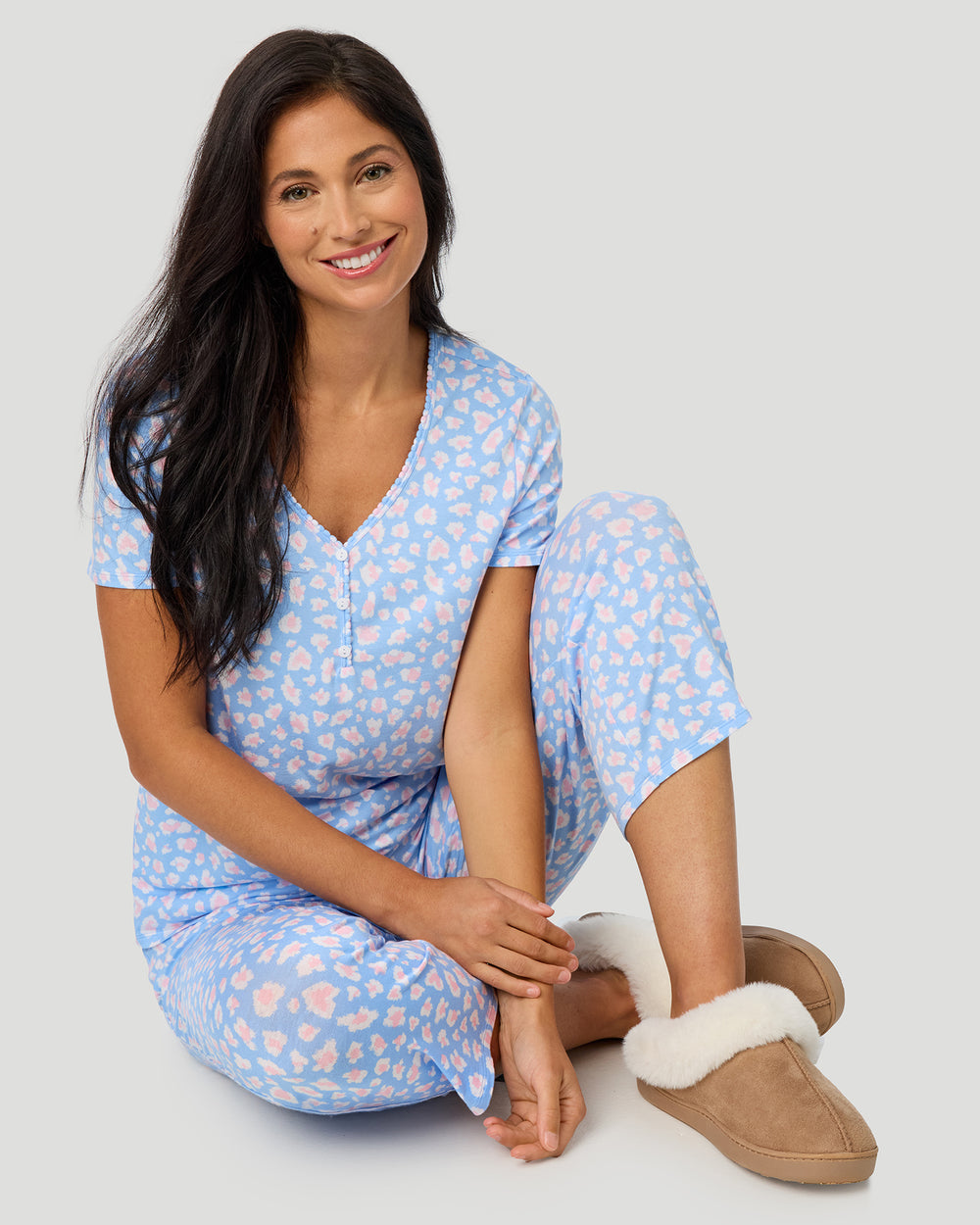 Cotton-Blend Short Sleeve Top With Cropped Pant Pajama Set