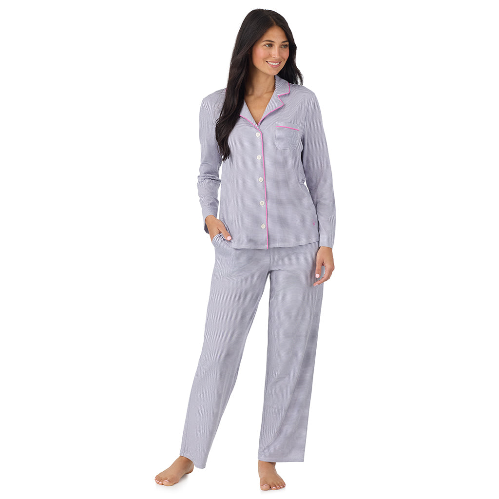 Grey Stripe; Model is wearing size S. She is 5'8.5", Bust 32", Waist 25", Hips 36". @A lady wearing Cotton-Blend Long Sleeve Notch Collar with Long Pant Pajama Set in Grey Stripe