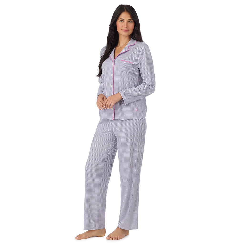 Grey Stripe; Model is wearing size S. She is 5'8.5", Bust 32", Waist 25", Hips 36". @A lady wearing Cotton-Blend Long Sleeve Notch Collar with Long Pant Pajama Set in Grey Stripe