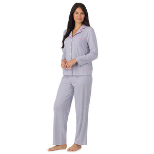 A lady wearing Cotton-Blend Long Sleeve Notch Collar with Long Pant Pajama Set in Grey Stripe