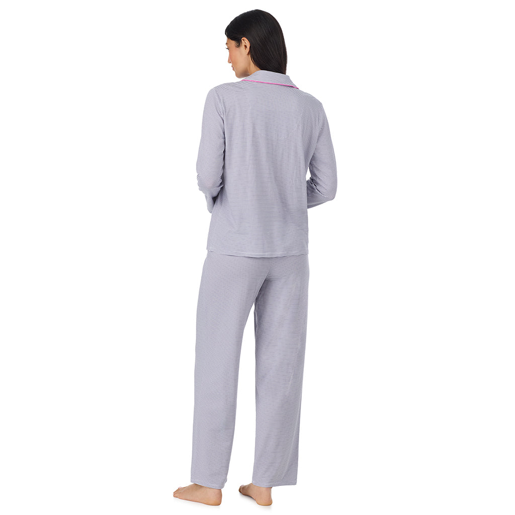 A lady wearing Cotton-Blend Long Sleeve Notch Collar with Long Pant Pajama Set Grey back view