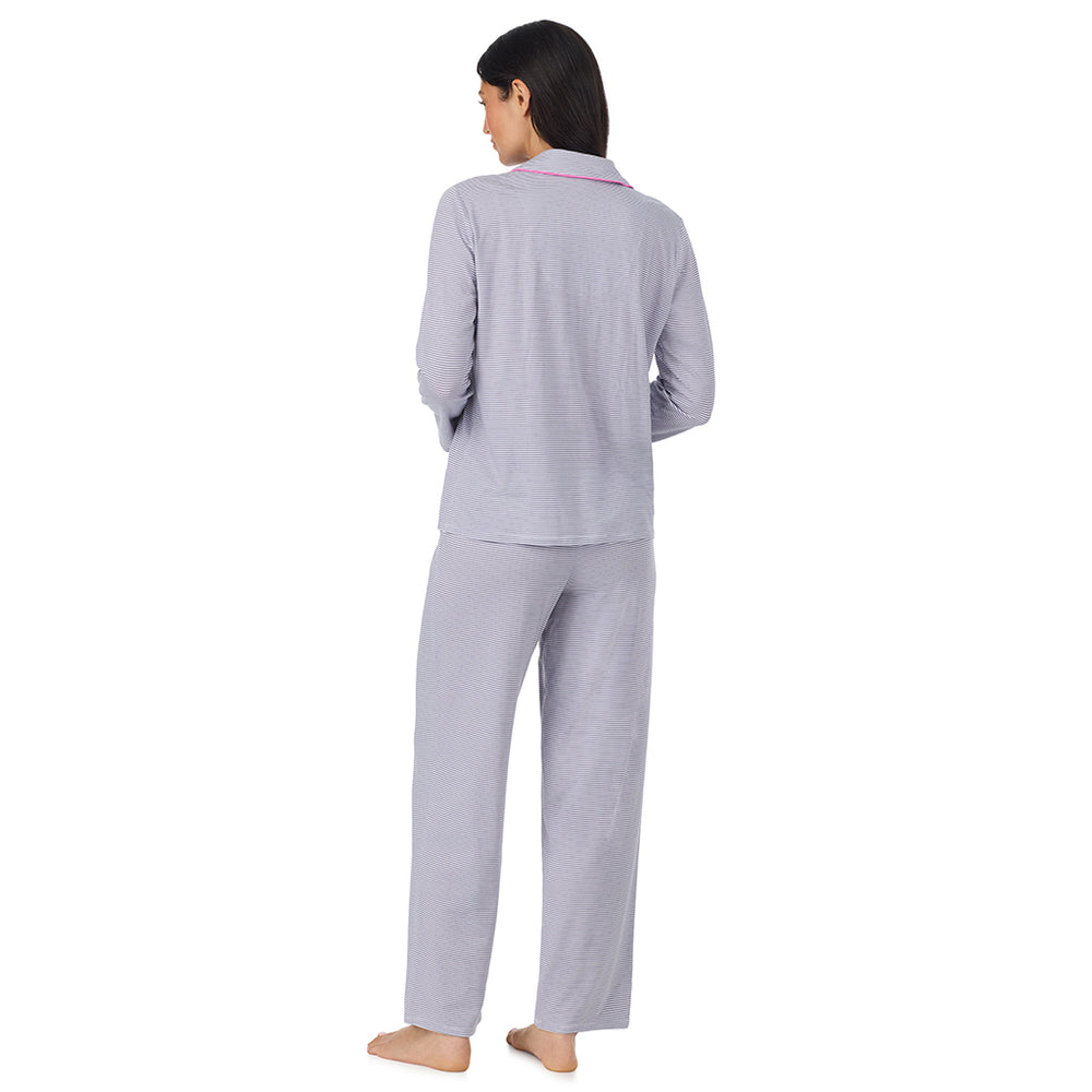 A lady wearing Cotton-Blend Long Sleeve Notch Collar with Long Pant Pajama Set in Grey Stripe back view