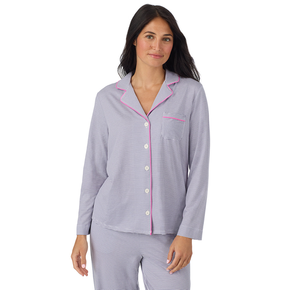A lady wearing Cotton-Blend Long Sleeve Notch Collar with Long Pant Pajama Set in Grey Stripe closer look