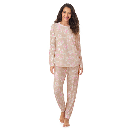 Tan Floral; Model is wearing size S. She is 5’9”, Bust 34”, Waist 23”, Hips 35”.@A lady wearing Tan Floral Brushed Sweater Knit Long Sleeve Pajama Set
