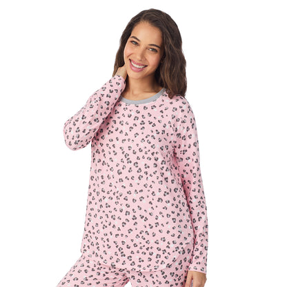 Pink Animal; Model is wearing size S. She is 5’9”, Bust 34”, Waist 23”, Hips 35”.@A lady wearing Pink Animal Brushed Sweater Knit Long Sleeve Pajama Set

