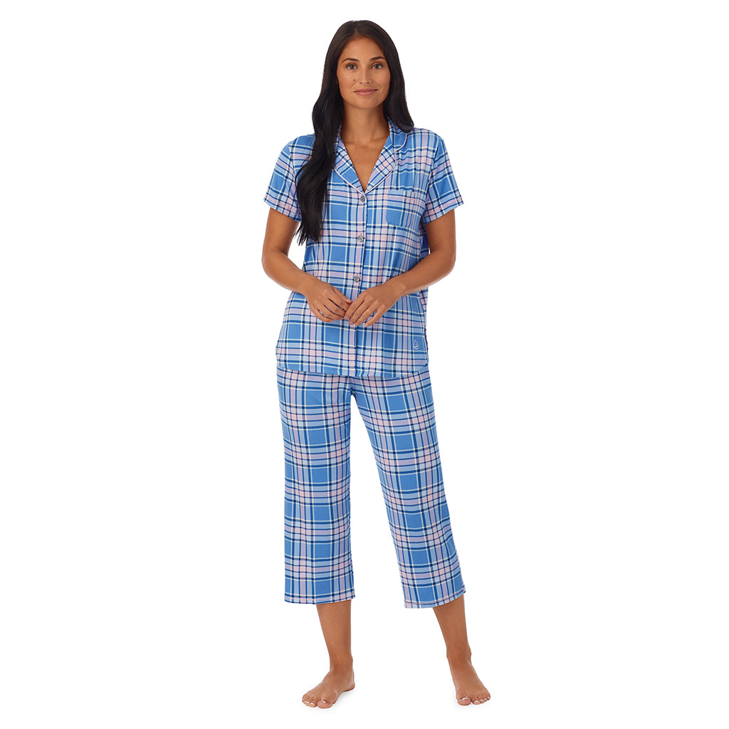 Blue Pink Plaid;Model is wearing size S. She is 5'8.5", Bust 32", Waist 25", Hips 36".@A lady wearing   Blue Pink Plaid Short Sleeve Notch Pajama Set
