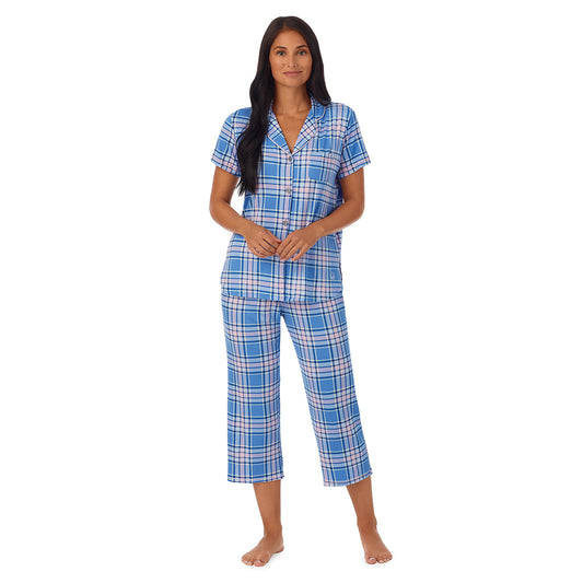 A lady wearing   Blue Pink Plaid Short Sleeve Notch Pajama Set