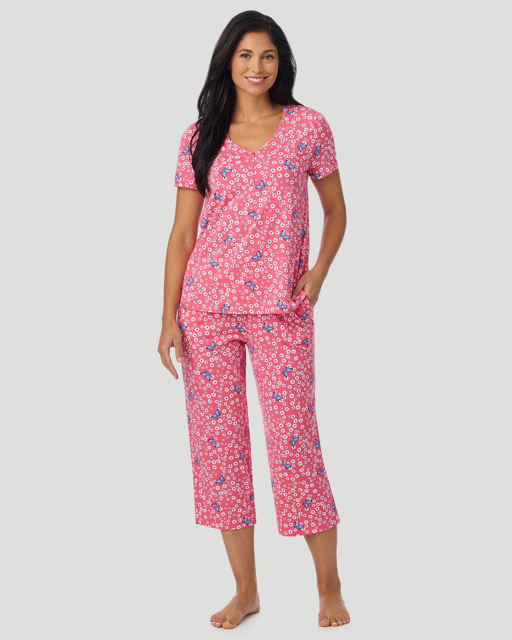 Cotton-Blend Short Sleeve Top With Cropped Pant Pajama Set