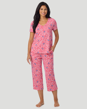 Cotton-Blend Short Sleeve Top With Cropped Pant Pajama Set