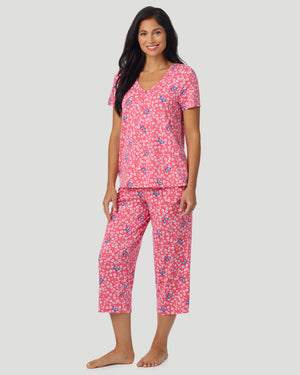 Cotton-Blend Short Sleeve Top With Cropped Pant Pajama Set