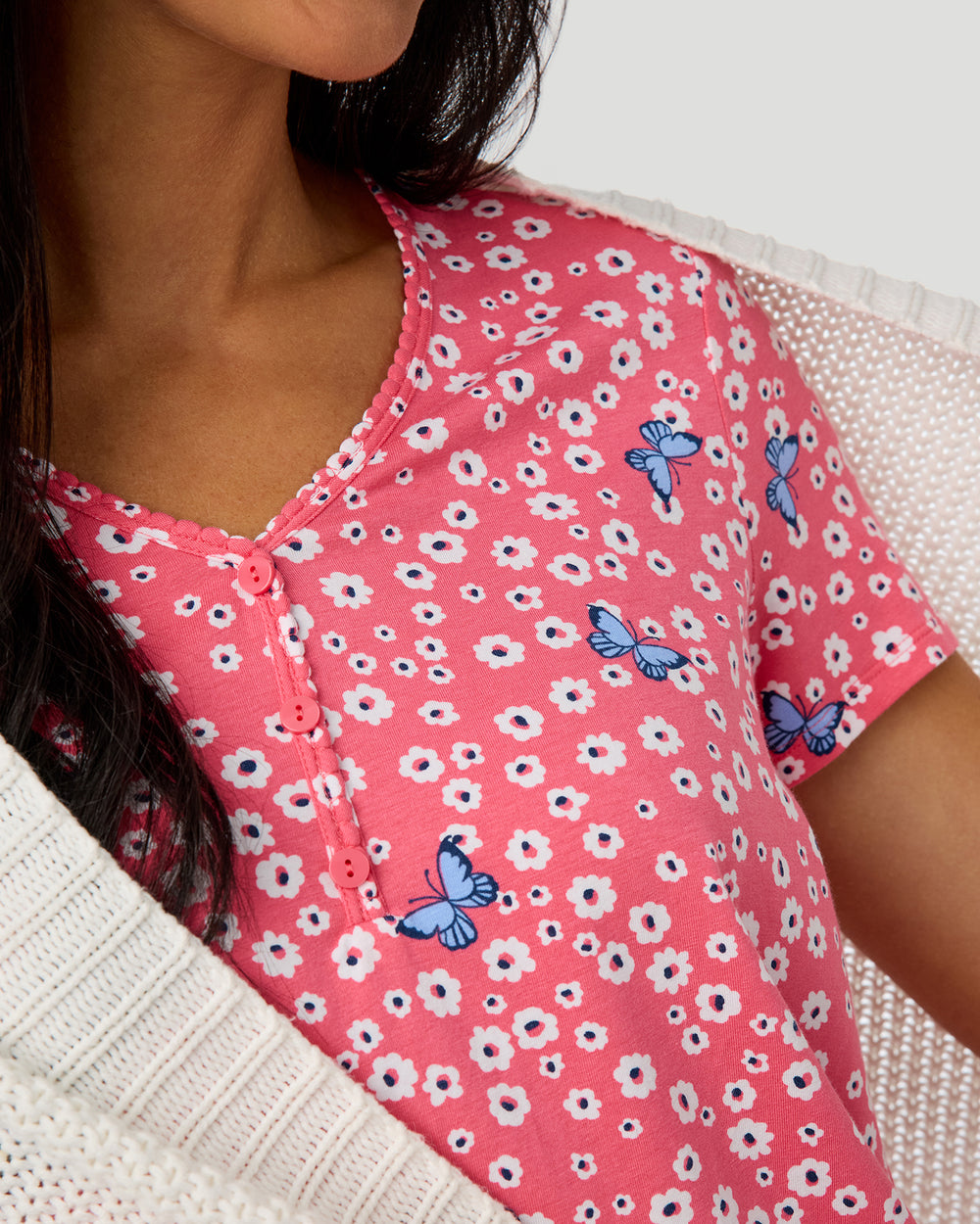 Cotton-Blend Short Sleeve Top With Cropped Pant Pajama Set