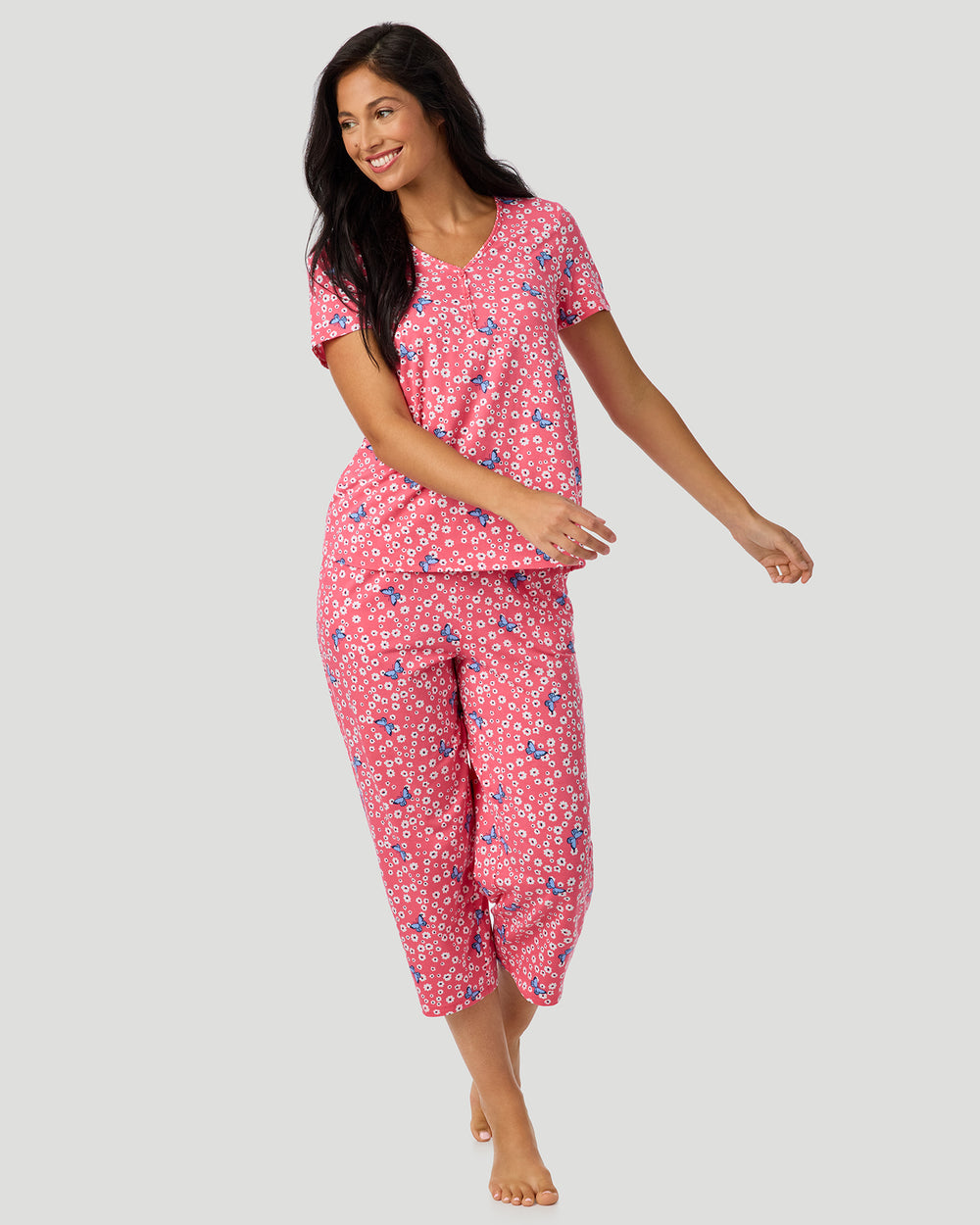 Cotton-Blend Short Sleeve Top With Cropped Pant Pajama Set