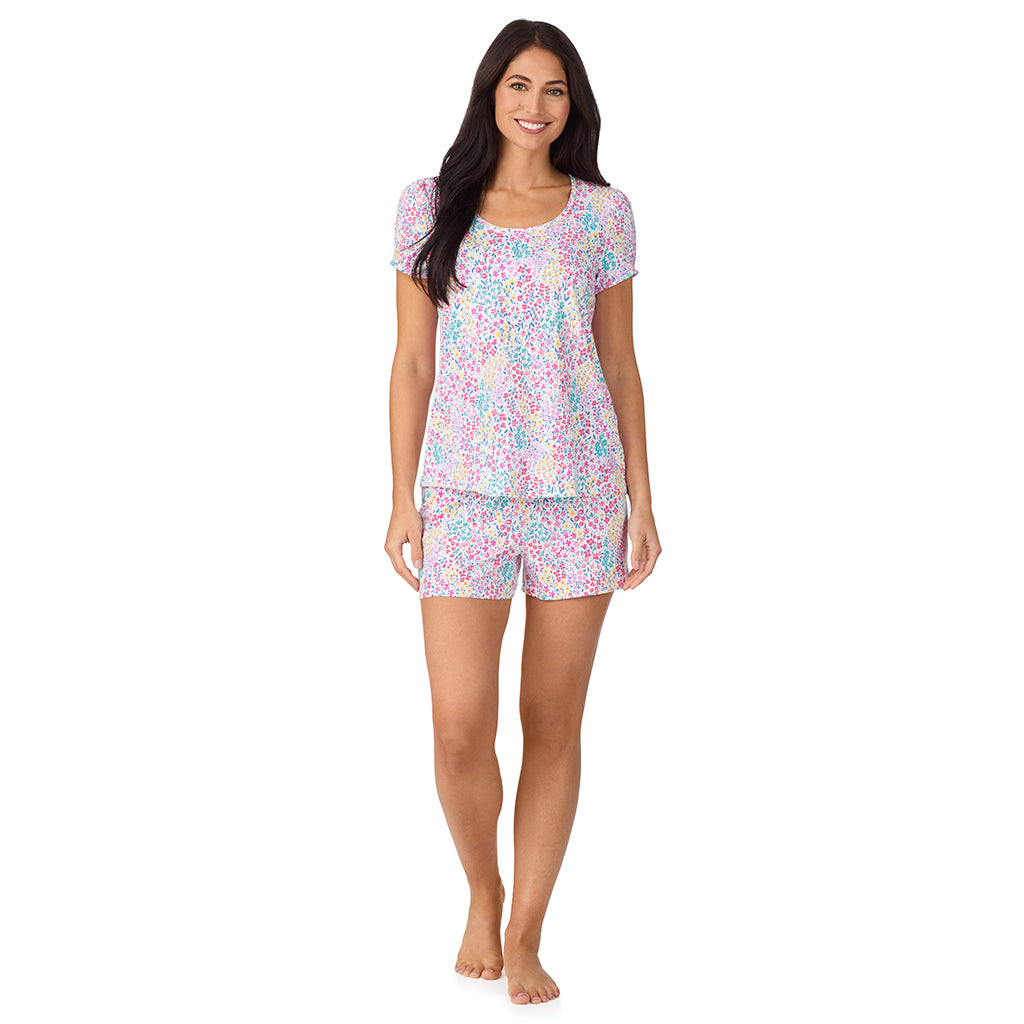A lady wearing Cotton-Blend Short Sleeve Top with Short Pajama Set in Ditsy Floral Print