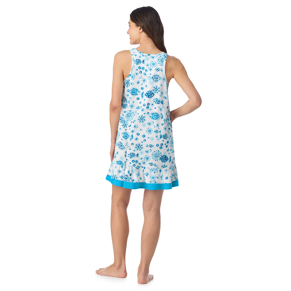 A lady wearing Cotton-Blend Sleeveless Sleep Chemise in Fish posing back view pose