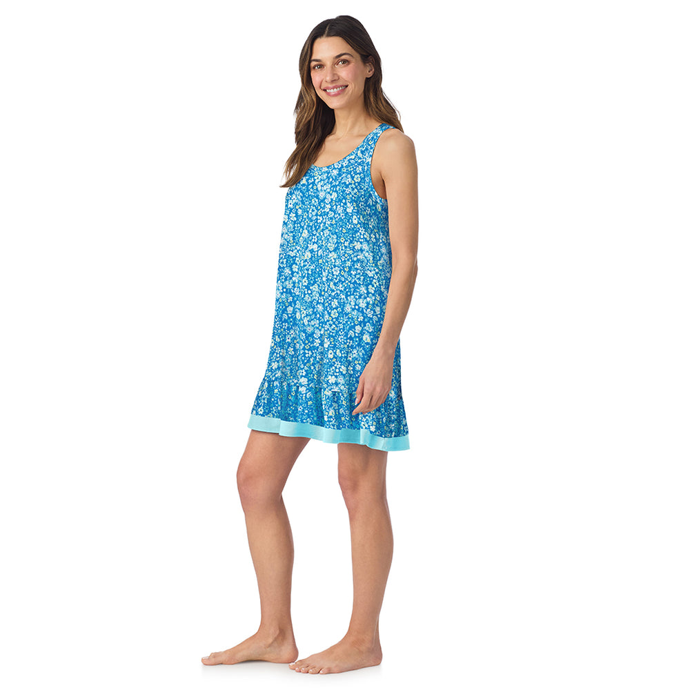 A lady wearing Cotton-Blend Sleeveless Sleep Chemise in Blue Ditsy posing side angle view pose