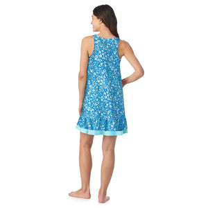  A lady wearing Cotton-Blend Sleeveless Sleep Chemise in Blue Ditsy posing back view pose