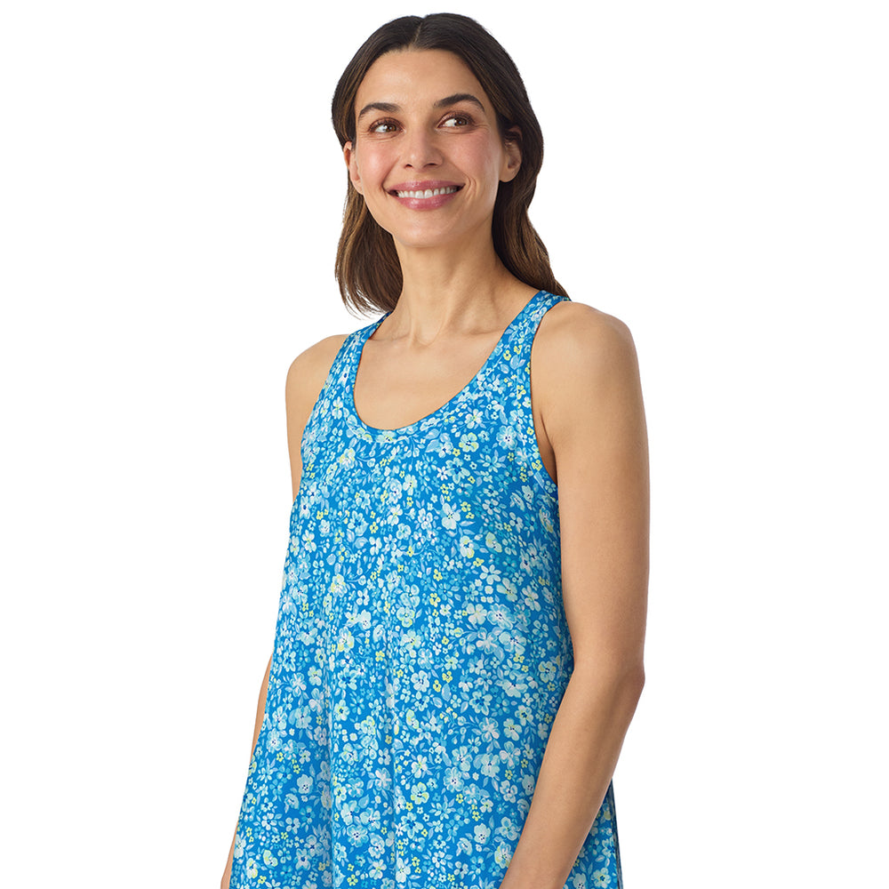 A lady wearing Cotton-Blend Sleeveless Sleep Chemise in Blue Ditsy posing close up view pose