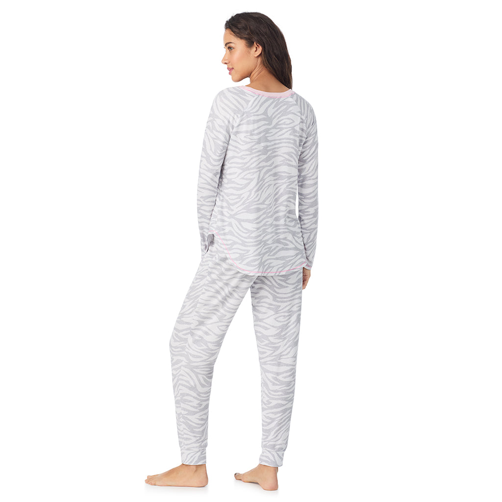 A lady wearing Zebra Brushed Sweater Knit Long Sleeve Pajama Set
