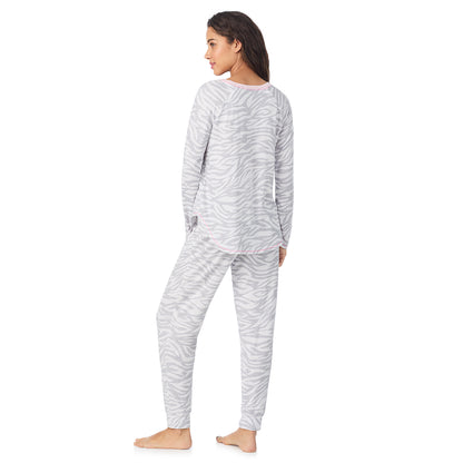 Zebra; Model is wearing size S. She is 5’9”, Bust 34”, Waist 23”, Hips 35”.@A lady wearing Zebra Brushed Sweater Knit Long Sleeve Pajama Set
