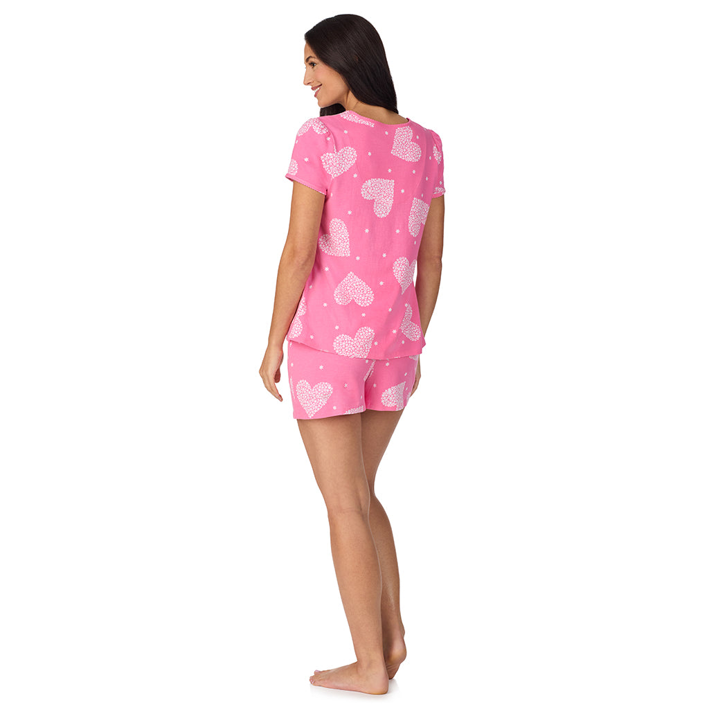 Pink Flower Heart; Model is wearing size S. She is 5'8.5", Bust 32", Waist 25", Hips 36". @A lady wearing Cotton-Blend Short Sleeve Top with Short Pajama Set in Pink Flower Heart