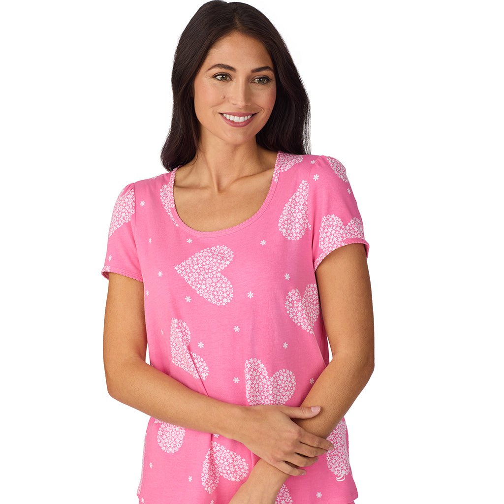 Pink Flower Heart; Model is wearing size S. She is 5'8.5", Bust 32", Waist 25", Hips 36". @A lady wearing Cotton-Blend Short Sleeve Top with Short Pajama Set in Pink Flower Heart