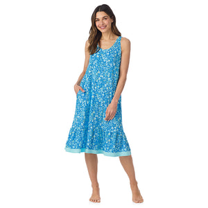  A lady wearing Cotton-Blend Sleeveless Sleep Midi-Gown in Blue Ditsy posing front view pose