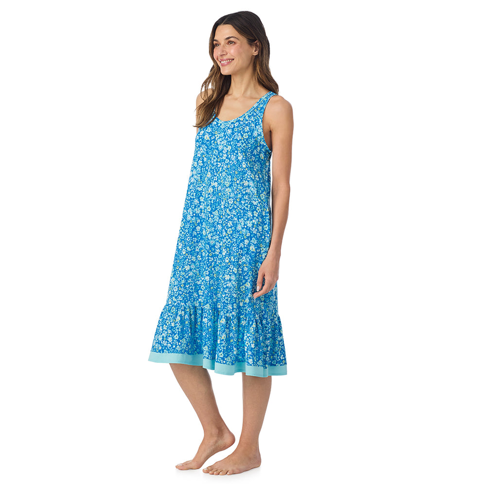 A lady wearing Cotton-Blend Sleeveless Sleep Midi-Gown in Blue Ditsy posing side angle view pose