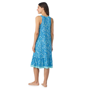  A lady wearing Cotton-Blend Sleeveless Sleep Midi-Gown in Blue Ditsy posing back view pose
