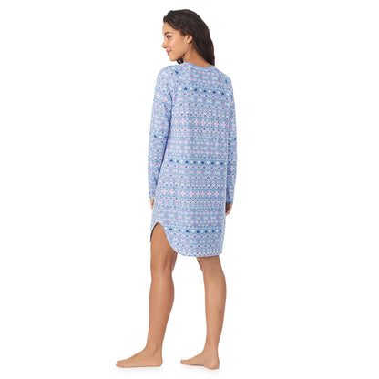 Peri Fair Isle;Model is wearing size S. She is 5’9”, Bust 34”, Waist 23”, Hips 35”.@A lady wearing Peri Fair Isle 
 Brushed Sweater Knit Long Sleeve Sleepshirt