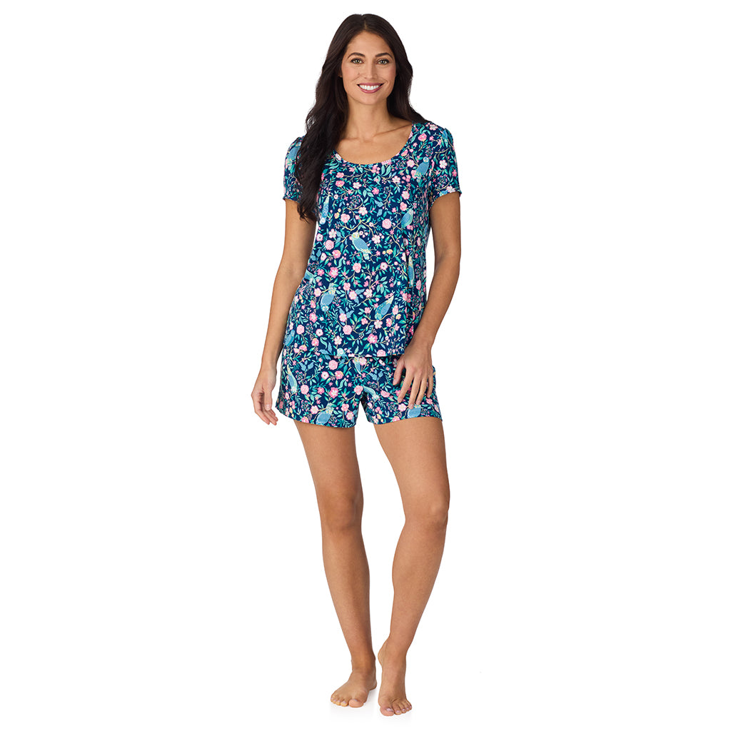 A lady wearing Cotton-Blend Short Sleeve Top with Short Pajama Set in Dark Blue Owl