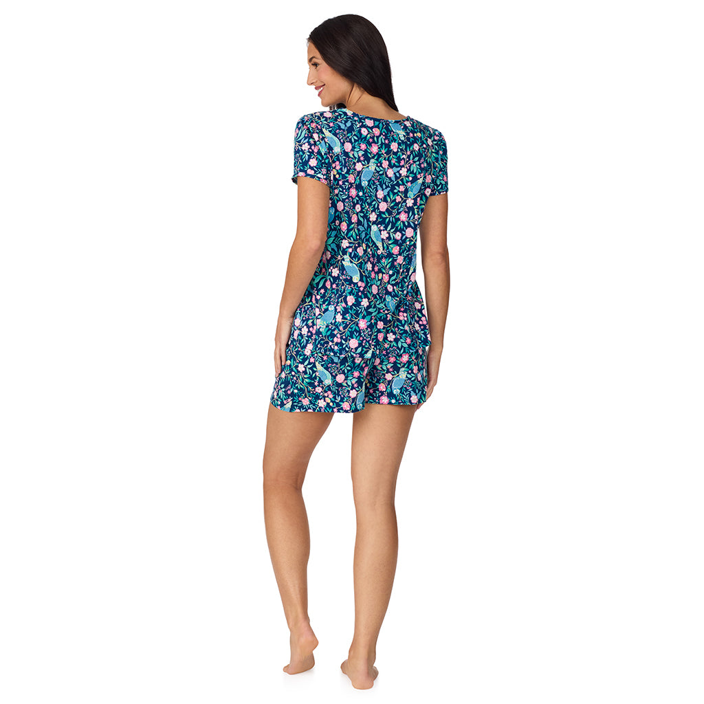 Dark Blue Owl; Model is wearing size S. She is 5'8.5", Bust 32", Waist 25", Hips 36". @A lady wearing Cotton-Blend Short Sleeve Top with Short Pajama Set in Dark Blue Owl
