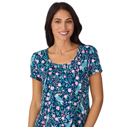 A lady wearing Cotton-Blend Short Sleeve Top with Short Pajama Set in Dark Blue Owl