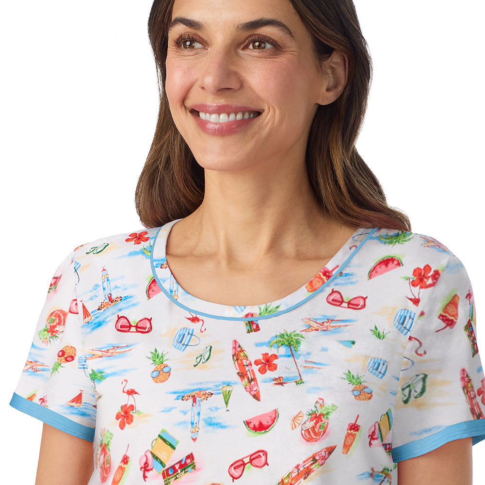 A lady wearing Cotton-Blend Short Sleeve Top and Cropped Pant Pajama Set in Summer Landscape posing front close up view pose