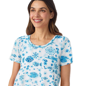  A lady wearing Cotton-Blend Short Sleeve Top and Cropped Pant Pajama Set in Fish posing close up detail view pose