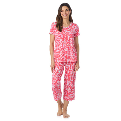  A lady wearing Cotton-Blend Short Sleeve Top and Cropped Pant Pajama Set in Seahorse posing front view pose