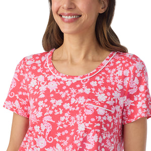  A lady wearing Cotton-Blend Short Sleeve Top and Cropped Pant Pajama Set in Seahorse posing front close up view pose
