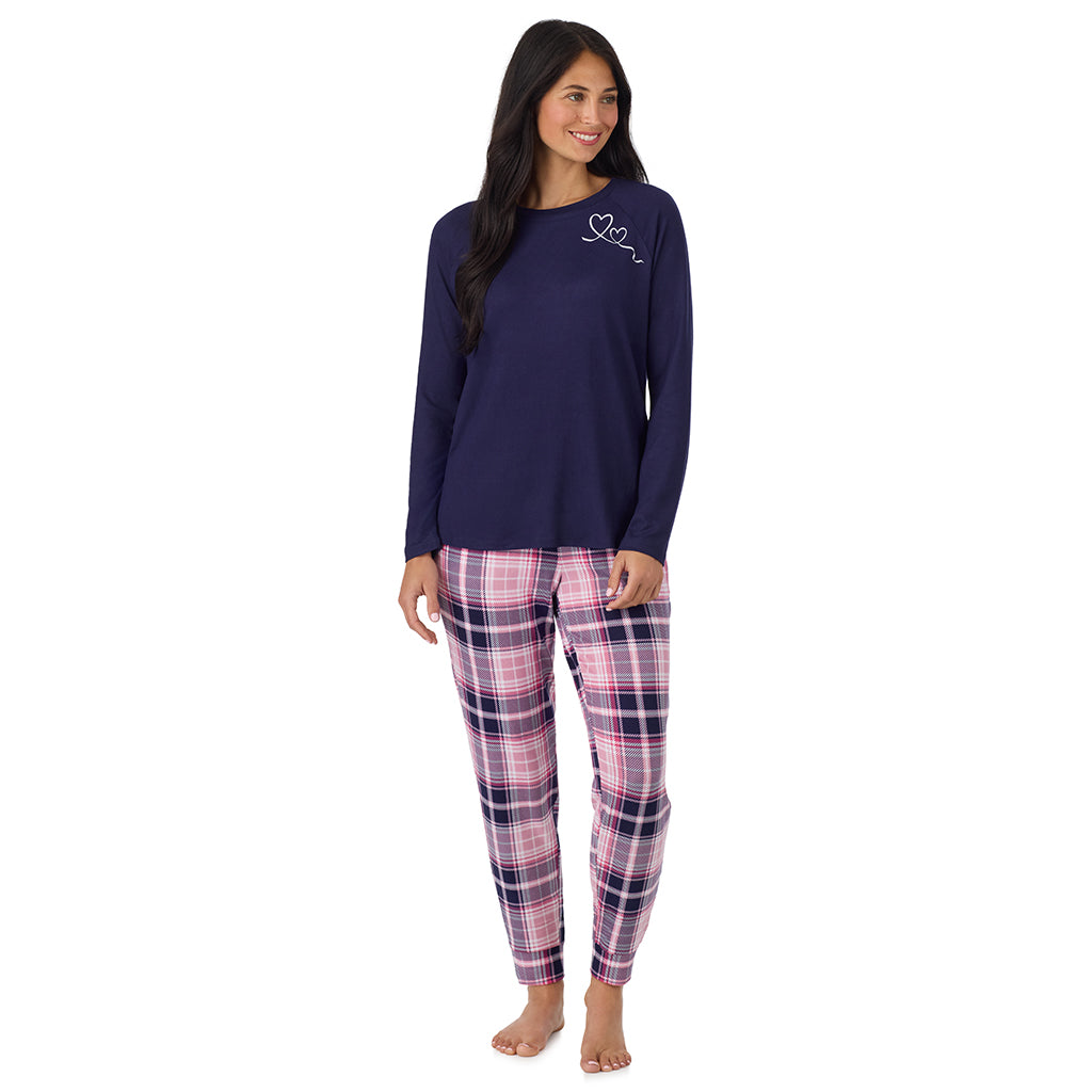  A lady wearing Heart Pink Plaid Brushed Sweater Knit Long Sleeve Jogger Pajama Set in a front view pose