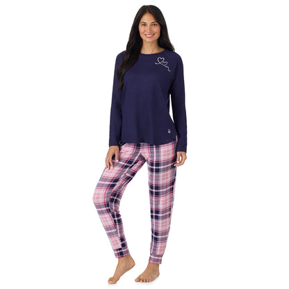  A lady wearing Heart Pink Plaid Brushed Sweater Knit Long Sleeve Jogger Pajama Set in a front view standing pose