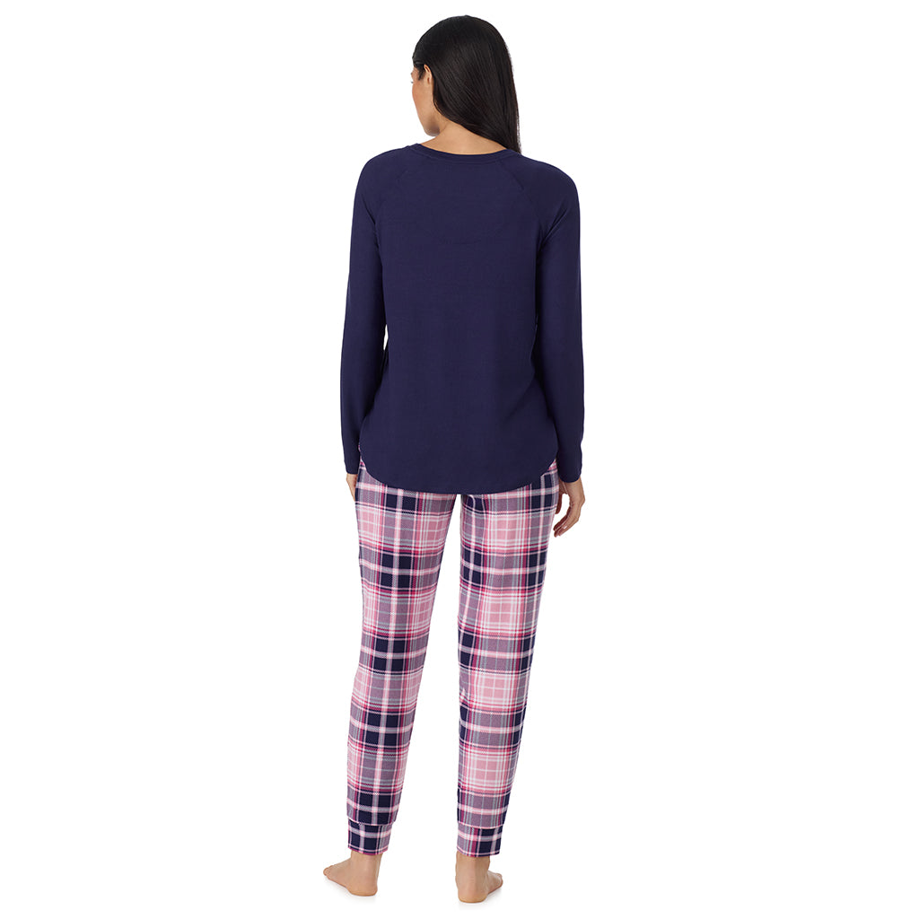 Heart Pink Plaid; Model is wearing size S. She is 5'8.5", Bust 32", Waist 25", Hips 36". @ A lady wearing Heart Pink Plaid Brushed Sweater Knit Long Sleeve Jogger Pajama Set in a back view pose